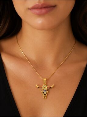 Gold Bull Skull Pendant Necklace with crystals